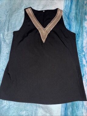 Black Sleeveless V-Neck Top with Gold Trim